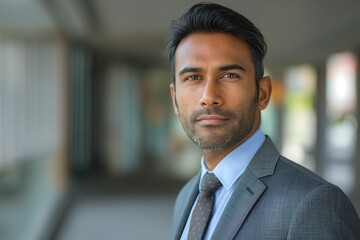Fototapeta premium A confident South Asian man in his 30s wearing a suit, stands in a modern office setting, exuding professionalism and poise.