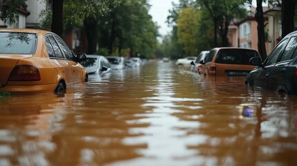 Flooded Street with Submerged Cars After Heavy Rainfall in Urban Area. Generative AI