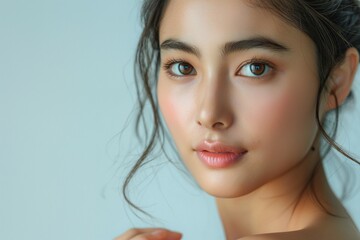 Naklejka premium A beautiful young Asian woman with soft features and captivating brown eyes poses gracefully, radiating natural elegance.