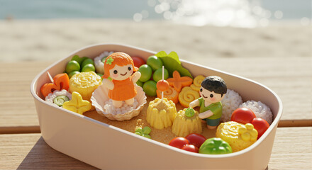 A charming 3D-rendered bento box with cute food figures—a girl in an orange dress and a boy—playing in a beach-themed setting, surrounded by sushi, vegetables, and decorative treats