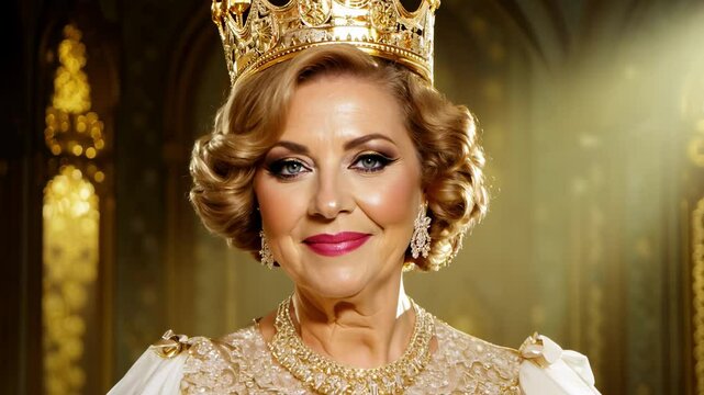 Graceful Queen in a Golden Crown Smiling in Luxurious Royal Palace. Concept of Monarchy, Regal Beauty, Aristocracy, Nobility, Wealth, Majestic Ruler, Opulence, Sovereignty, Historical Elegance