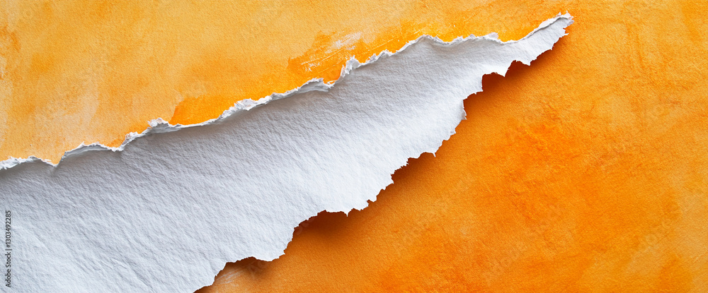 Poster Torn paper with jagged edges revealing white space over an orange textured background, creating an artistic and creative concept for design and messaging.