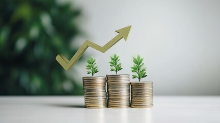 Growing Investment, stacks of coins with upward trend graph, blurred greenery background, for business, finance, success
