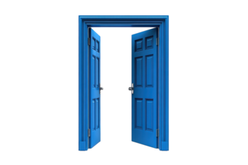 An intriguing blue doorway stands open, inviting exploration into the unknown on a bright day isolated on transparent background