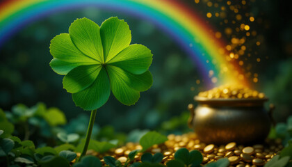 Obraz premium A shamrock with a rainbow and pot of gold in the background. St. Patrick's Day Concept.