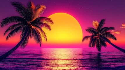 Retro tropical sunset over ocean with palm trees and vibrant colors perfect for vintage vibes