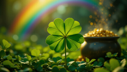 Obraz premium A four leaf clover with a rainbow and pot of gold in the background. St. Patrick's Day Concept.