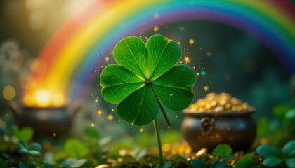 Obraz premium A shamrock with a rainbow and pot of gold in the background. St. Patrick's Day Concept.