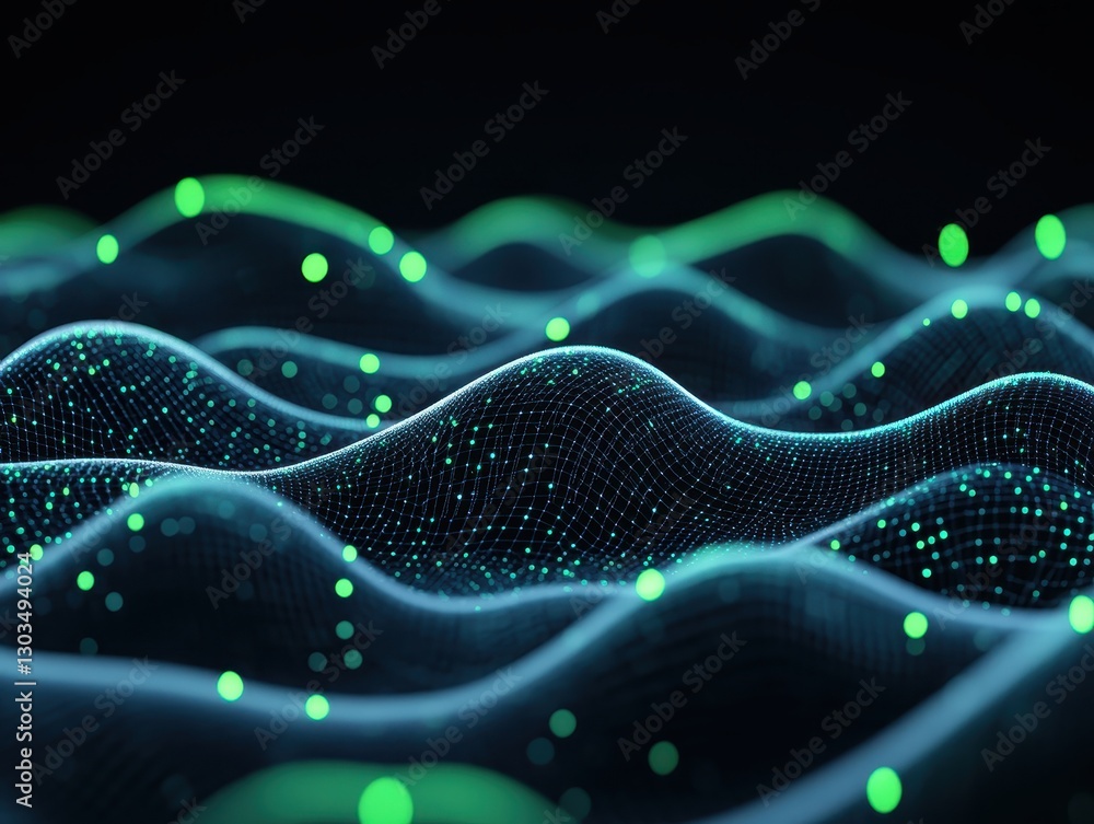Poster abstract representation of digital waves with glowing particles in dark background