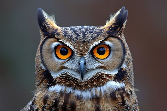 Eurasian eagle owl staring with intense orange eyes