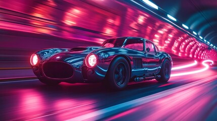 Retro-Futuristic Car Driving Through Neon Tunnel with Glowing Trails. Generative AI