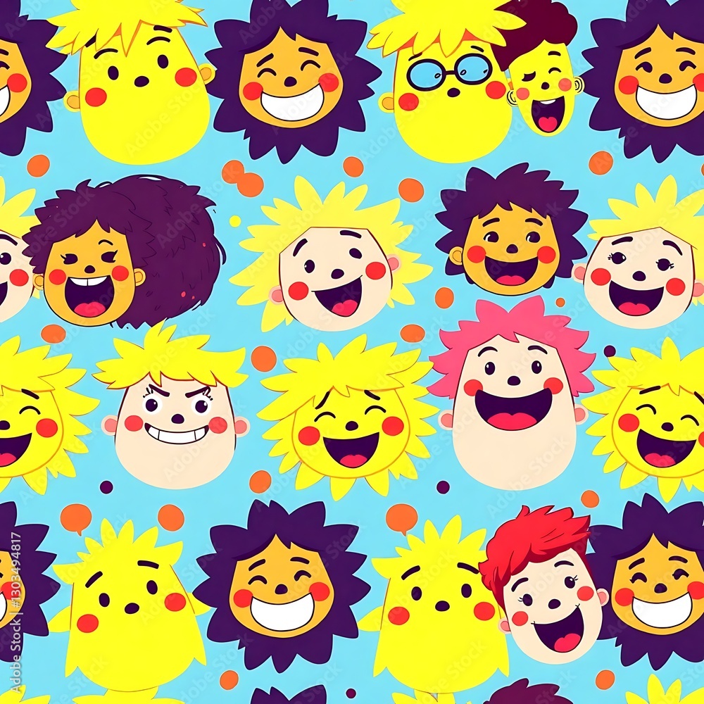 Poster cheerful faces: a vibrant repeating pattern showcases a delightful collection of cartoon faces with 