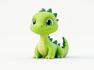 Fototapeta premium Cute green cartoon dinosaur character sitting on a white background, smiling joyfully