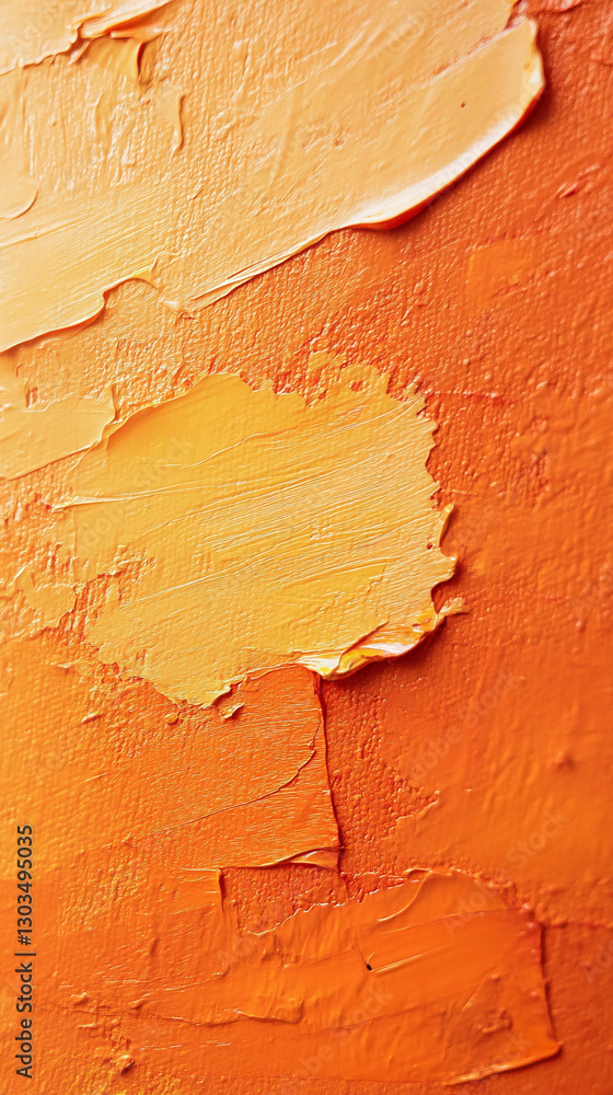 Poster close-up of textured orange and yellow paint with peeling layers, showcasing an abstract design with