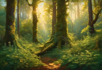 Obraz premium lush vibrant forest scenes featuring diverse textured plants rich foliage under sunlit vistas nature exploration, aerial, blooms, biodiversity, biomes