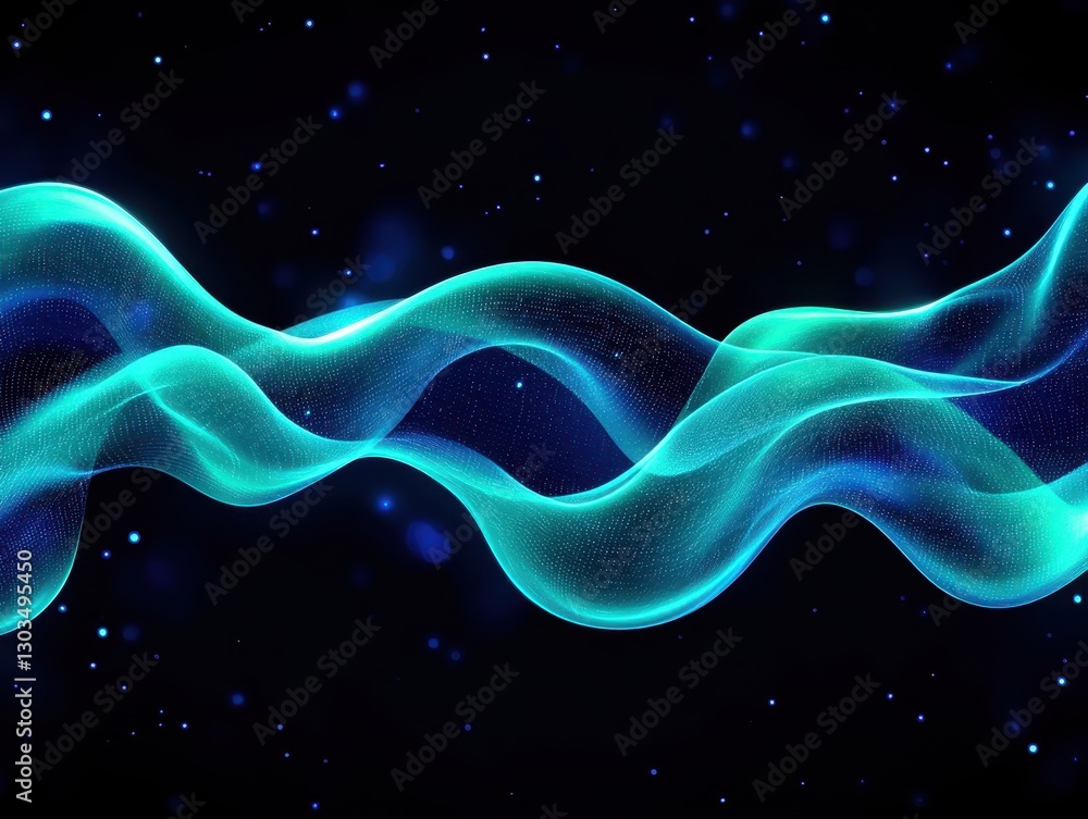 Poster abstract glowing waves on a dark background with sparkling particles