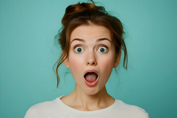 Woman with surprised facial expression, isolated on solid background
