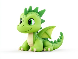 Fototapeta premium Cute green dragon character sitting on a white background, showcasing its playful design