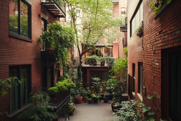 Obraz premium Brick courtyard surrounded by lush greenery showcasing city charm and tranquil living in an urban environment during daylight hours