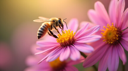 Beautiful Honeybee Pollinating Pink Daisy Flower - Soft Focus Spring Nature Close-up