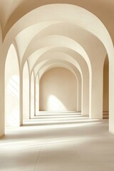 Soft natural light filters through elegant arches in a modern minimalist interior space, creating a serene atmosphere during the early morning hours