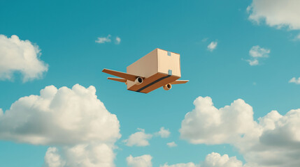 A cardboard box is flying through the sky. The sky is blue with some clouds. The box is the only object in the image