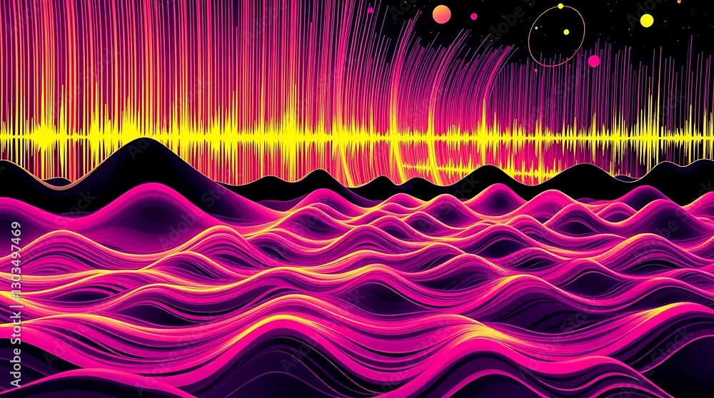 Poster digital symphony: an abstract visualization of sound waves and sonic energy, with vibrant neon gradi