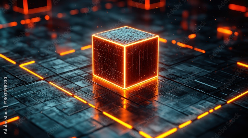 Poster illuminated cube on futuristic grid floor with glowing lines