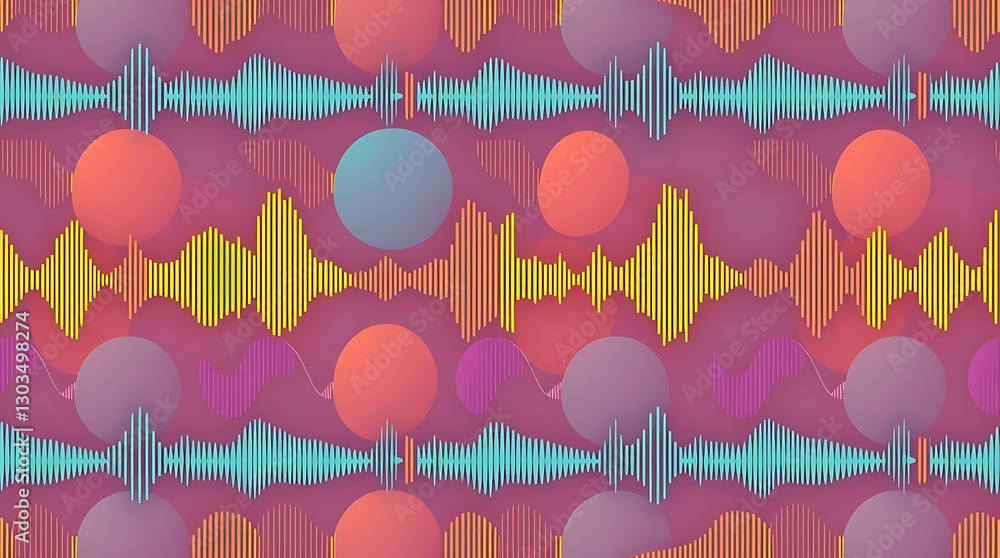 Poster harmonic echoes: an abstract digital artwork composed of pulsating sound waves and spheres. the piec