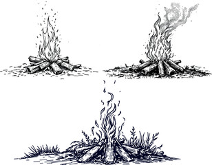  Vintage campfire illustration in Wild West engraving style