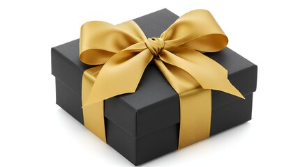 A luxurious black gift box wrapped in an elegant satin gold ribbon, tied into a perfect bow