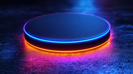 Illuminated dark circular podium on a textured surface with vibrant neon lighting
