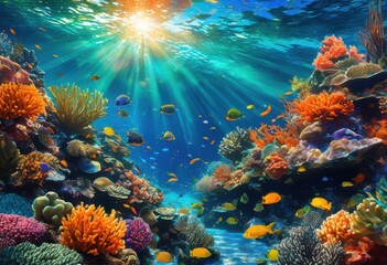 Fototapeta premium visually stunning underwater textures showcasing diverse marine life mesmerizing colors forms, aquatic, coral, fish, ocean, flora, fauna, biodiversity