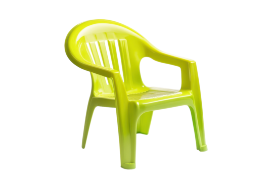 Bright green plastic chair positioned against a stark white background evoking playful simplicity isolated on transparent background