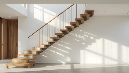 Naklejka premium Stylish Floating Wooden Staircase with Glass Railing