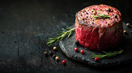 Juicy raw meat on a dark stone surface with spices.