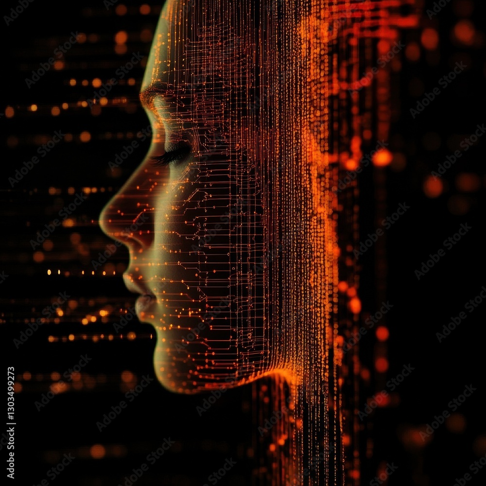 Poster digital mind: a captivating image of a woman's profile merged with flowing digital code, visualizing