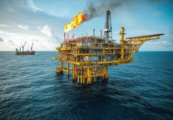 Offshore oil rig in blue ocean under dramatic sky flames from flare stack industry machinery offshore drilling exploration production technology platform