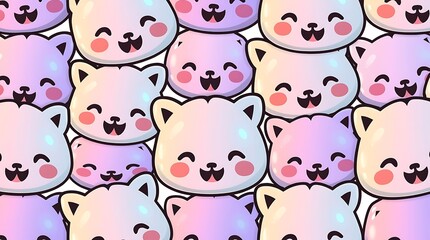 Kawaii Cat Pattern: a repeating pattern of adorable, smiling cartoon cats with pastel colors, perfect for a playful and charming design.