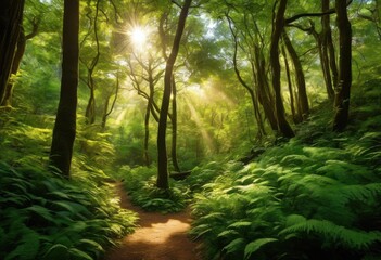 Fototapeta premium exploring lush forest paths surrounded vibrant greenery filled rich flora lush vegetation, nature, leaves, trees, shrubbery, moss, groundcover, foliage