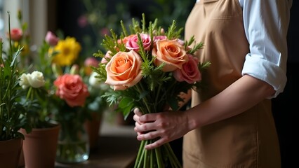 A florist girl creates a bouquet, flowers, a flower shop.