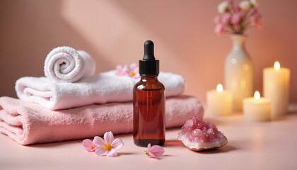 Luxurious spa setting with dark amber bottle of red rose essential oil, soft towels, and flickering candles