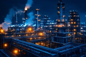 Oil refinery plant emitting smoke and steam at twilight