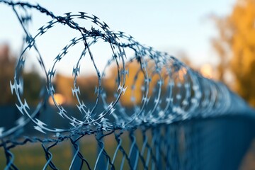 Barbed wire protecting a perimeter in the evening light
