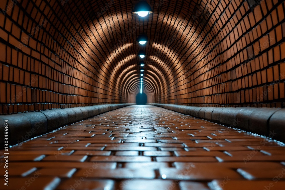 Poster Brick tunnel floor extending into darkness with lights receding into distance
