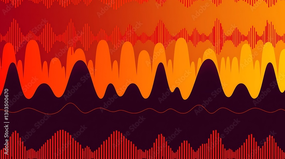 Poster sound waves of fire: abstract representation of sound waves, with a fiery color palette, illustratin