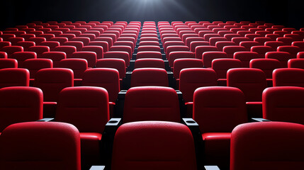 Fototapeta premium Rows of vibrant red cinema seats arranged in dark theater, creating dramatic atmosphere. lighting adds cinematic feel, inviting viewers to enjoy film experience