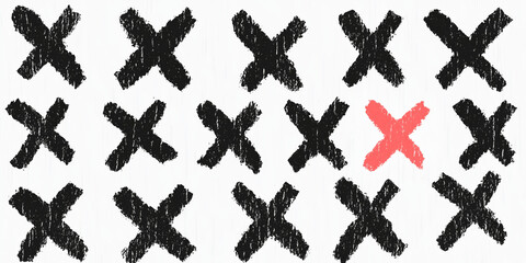 Obraz premium A grid of black Xs with one distinct red X in the center. The contrast highlights the uniqueness of the red mark, creating a striking visual effect.