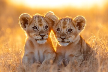 Obraz premium Two lion cubs relaxing in golden sunset light