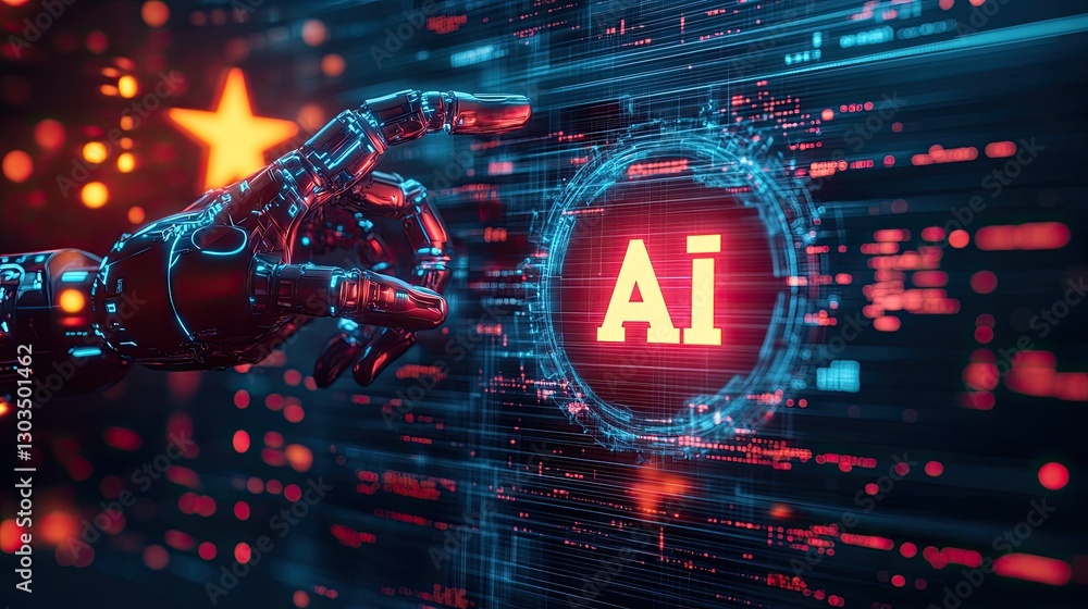 Poster futuristic ai interface with robotic hand interacting with digital displays.